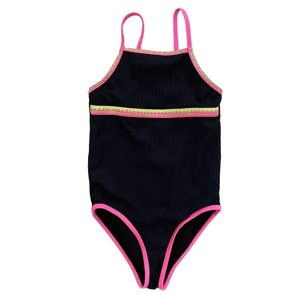 Black and Neon Ribbed One Piece Swimsuit Size 7 Girl